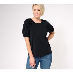 Anybody Women's Top Plus Sz 1X Cozy Knit Jersey Puff Sleeve Black A611496